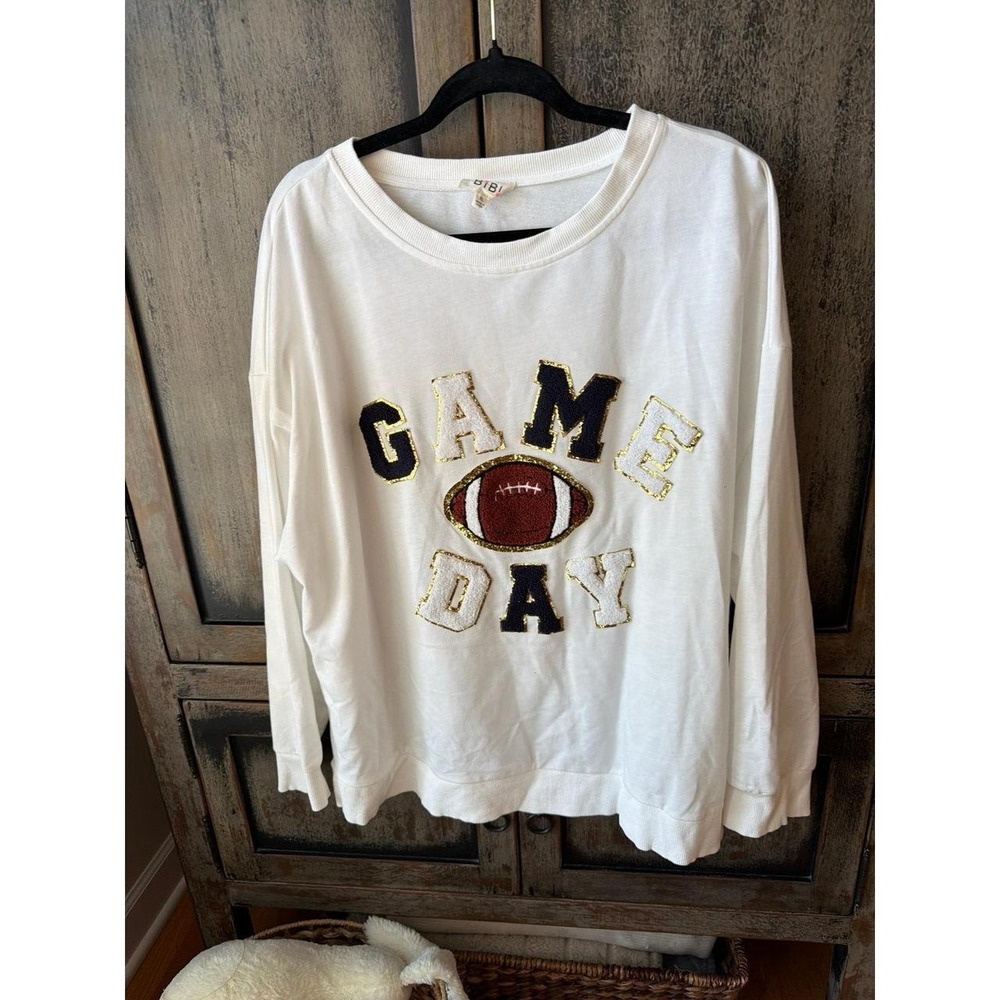 BiBi relaxed-fit crewneck sweatshirt sequin and chenille "GAME DAY" women's XL